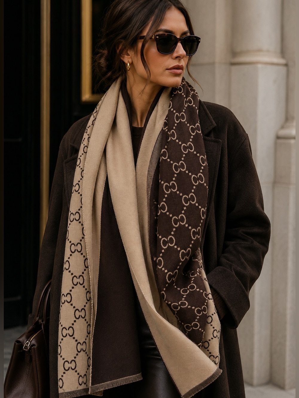 Luxurious Chain Link Monogram Scarf โข Camel & Chocolate Brown โข New